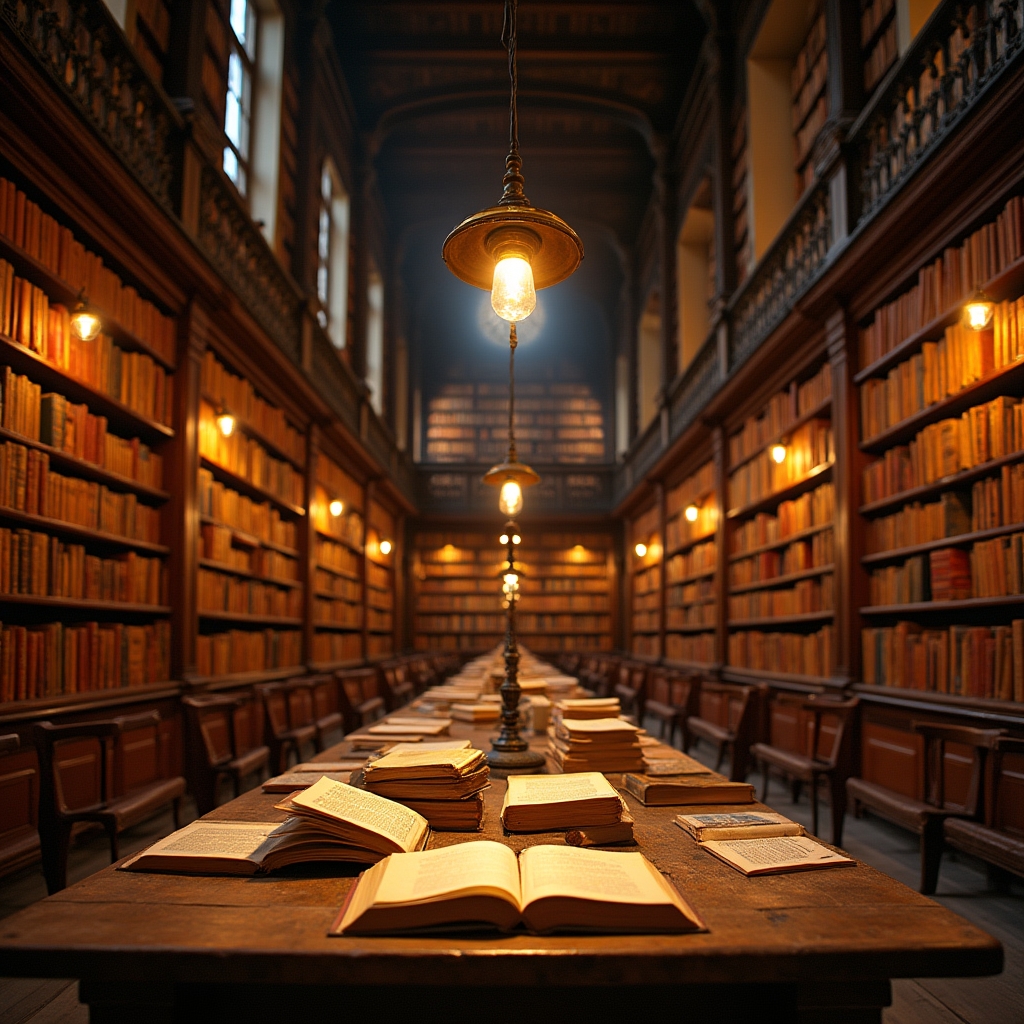 Bibliotecă cu cărți deschise și lumină caldă de lectură